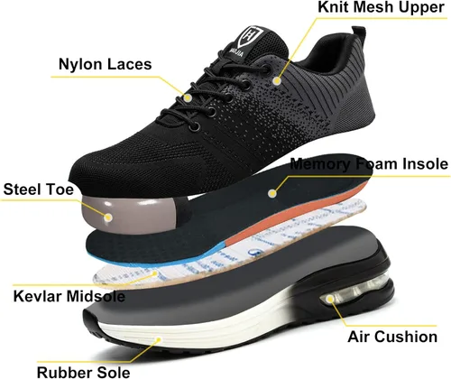 Vista 7 de Zapatos con punta de acero para hombres y mujeres, ligeros, cómodos, indestructibles, antideslizantes, zapatos de seguridad con cojín de aire