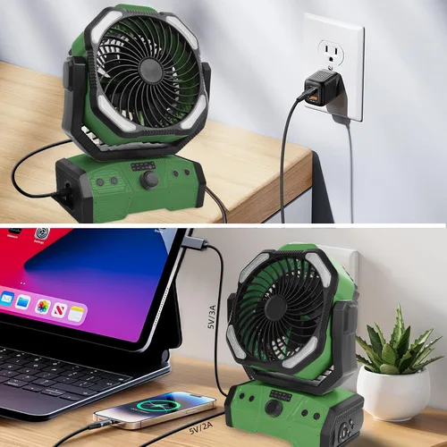 Vista 8 de ELZO Ventilador de campamento de 30000 mAh con luz LED, máximo 70 horas de trabajo, portátil inalámbrico, recargable, ventilador USB con gancho