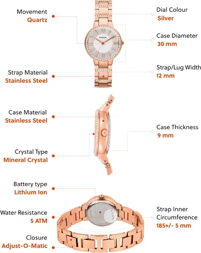 Vista 8 de Fossil Virginia - Reloj de cuarzo de acero inoxidable con detalles de cristal para mujer, Virginia - ES3282