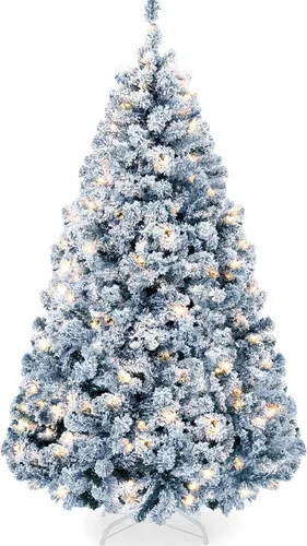 Vista 9 de Best Choice Products - Árbol de Navidad artificial preiluminado de 7.5 pies con nieve artificial, pino, 2-en-1 luces LED blancas y multicolor, Verde