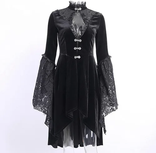 Vista 6 de Vestido gótico sexy para mujer, disfraz de noche de discoteca, cuello hueco, vestido de manga larga, vestido de encaje con dobladillo alto y bajo
