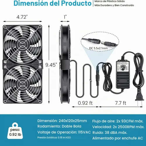 Vista 5 de GDSTIME Ventiladores Duales de Gran Flujo de Aire de 120mm, Ventilador de Computadora 2x120mm 240mm con Enchufe de CA, 110V 120V 220V 240V CA