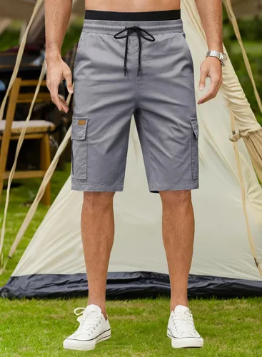 Vista 3 de JMIERR Pantalones cortos de sarga para hombre con cordón de algodón clásico elástico con 6 bolsillos
