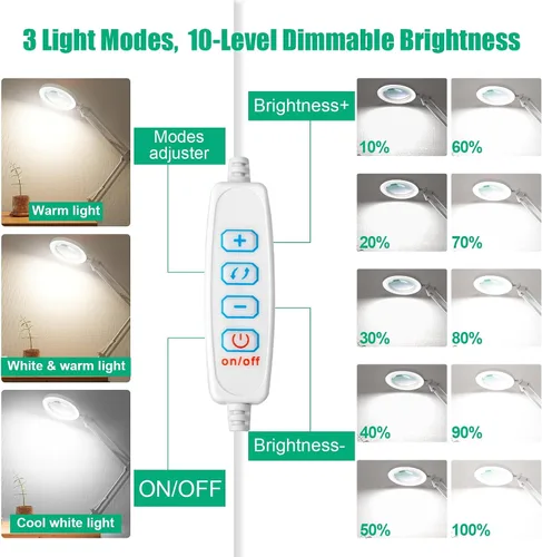 Vista 5 de Lámpara de lupa 10X con luz y soporte, lámpara de lupa LED 2 en 1, lupa con luz de 3 colores y atenuación sin escalones, lámpara de lupa de vidrio
