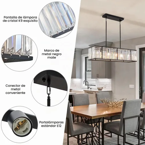 Vista 8 de Siljoy Candelabro rectangular moderno de cristal, 5 luces, color negro, rectangular, con forma de gota de lluvia, lámpara de techo colgante lineal