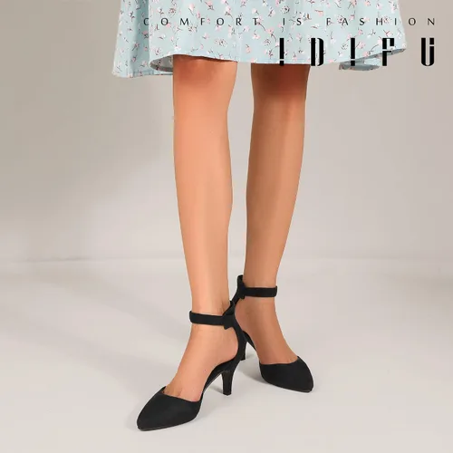 Vista 6 de IDIFU IN3 D'Orsay Zapatos de tacón bajo para mujer, zapatos de vestir puntiagudos con puntera cerrada, correa de tobillo para novia, elegante