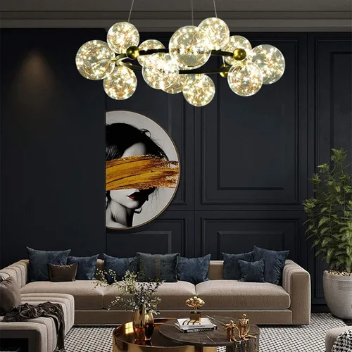 Vista 4 de Modern Glass Chandelier Led Source Spherical During Light Adjustable Height Round Ceiling Light Transparent Chandelier Lamp For Living Room