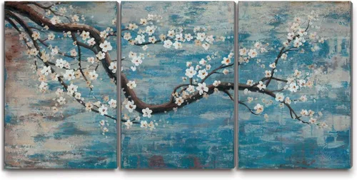 Vista 9 de AMATOP Arte de pared turquesa 100% pintado a mano, pintura al óleo de paisaje forestal en lienzo, obra de arte enmarcada original, pájaro dorado