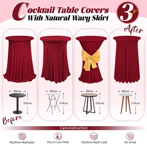 Vista 2 de Paquete de 3 fundas de mesa de cóctel, mantel redondo burdeos, color rojo vino, 32 x 43 pulgadas, elastano elástico con cortinas onduladas, mantel