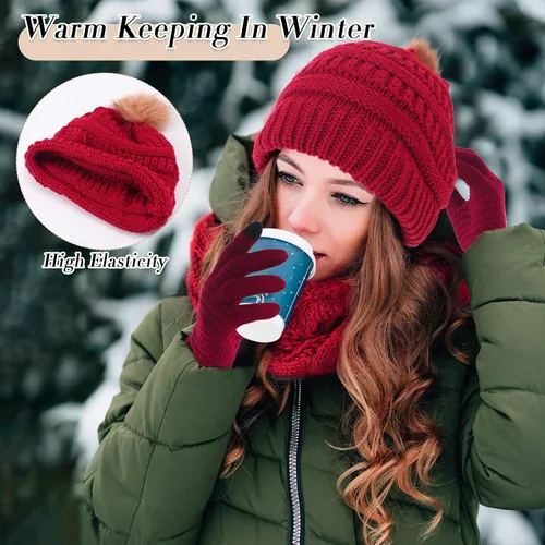 Vista 6 de 12 Pcs Winter Women Beanie Hat Scarf Glove Set Knitted Cap Neck Warmer Touchscreen Glove Comfortable Soft Warm Set
