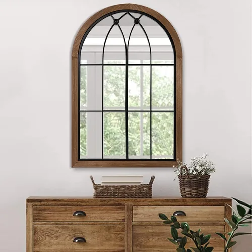 Vista 9 de blue page Espejo de pared arqueado de 36 x 24 pulgadas con marco de madera rústica, espejo de ventana de granja para entrada, tocador de baño