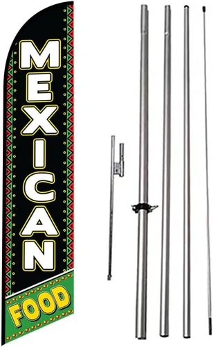 Vista 10 de Fresh Birria - Letrero de plumas publicitarias para restaurante mexicano con kit de poste de 15 pies y estaca para el suelo, tema negro/rojo/blanco
