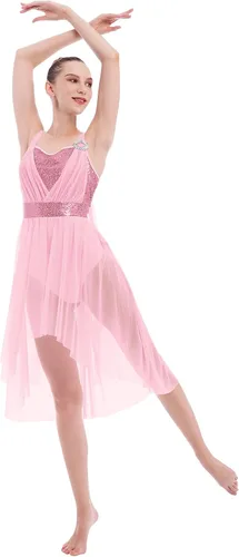 Vista 7 de IBAKOM Disfraces de baile lírico para mujer, vestido de baile contemporáneo con lentejuelas brillantes, vestido de baile fluido de gasa