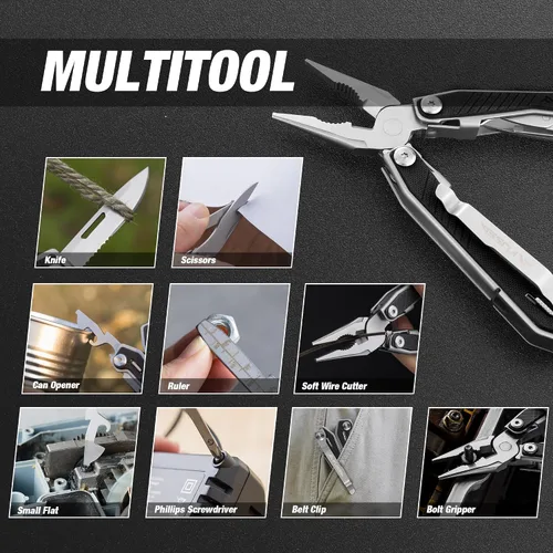 Vista 7 de FLISSA Multiherramienta 16 en 1 con mango G10, regalos para hombres, papá, multiherramienta EDC de acero inoxidable con cuchillo de bolsillo