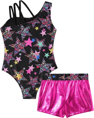 Vista 6 de Gymnastics Leotards for Girls Shiny Dancewear with Matching Shorts Two-Piece Set Activewear