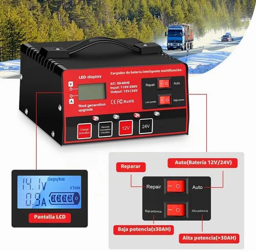 Vista 3 de Outerman - Cargador de batería de automóvil, 12 V, 24 V, de plomo-ácido, pantalla LCD, mantenimiento automático de batería inteligente