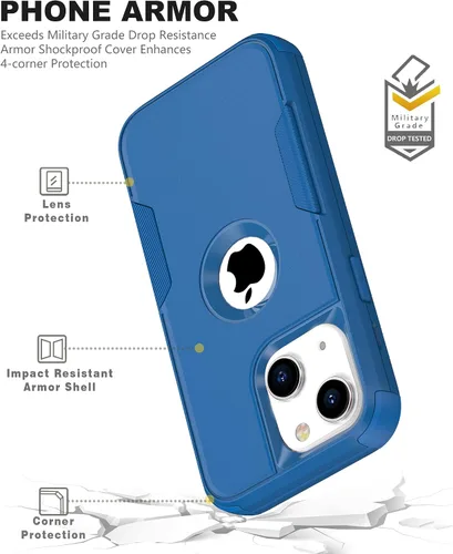 Vista 4 de Defender - Funda para iPhone 14 con clip para cinturón, 2 protectores de pantalla + protector de lente de cámara; funda protectora resistente a Azul