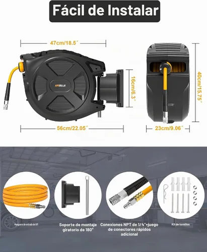 Vista 5 de Carrete retráctil para manguera de aire, 3/8" x 65 pies de manguera de aire híbrida flexible, manguera de compresor de aire resistente a arrugas Max