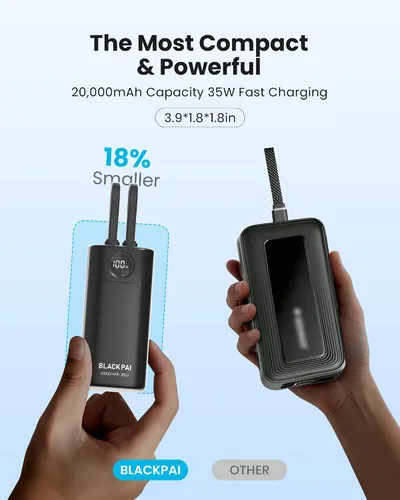 Vista 9 de Cargador Portátil Power Bank 20,000mAh para Viajes y Aire Libre, Cargador Portátil de Super Carga Rápida PD 35W con 2 Cables Integrados, Pantalla