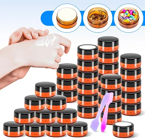 Vista 6 de Paquete de 50 de 10 g pequeños contenedores de cosméticos de plástico con tapas, frascos de maquillaje de 10 gramos de color ámbar con espátulas