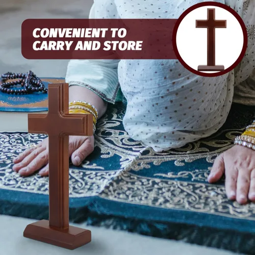 Vista 3 de Levemolo Cruz de madera con base de madera, cruz decorativa de pie para escritorio, decoración de iglesia y decoración religiosa del hogar