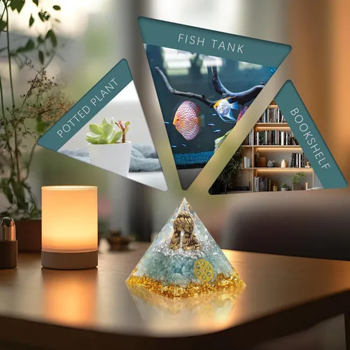 Vista 3 de FENGSHUI-CAISHEN Pequeña estatua de Guan Yin en pirámide de orgón de cristal curativo, aventurina verde con figura de Quan Yin, decoración