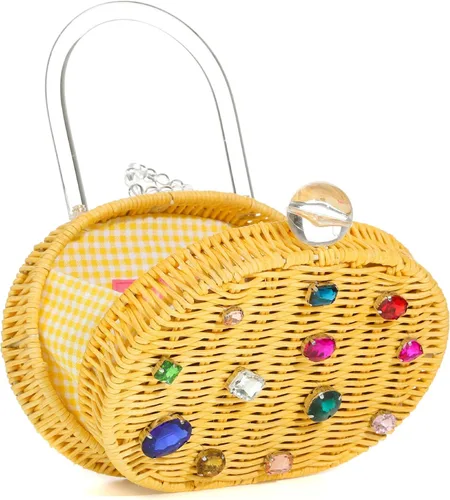 Vista 2 de MILANBLOCKS - Bolso de mano de mimbre con asa superior y diamante de miel para mujer bolso de mano acrílico Lucite para fiesta Mimbre de diamante