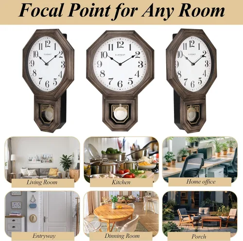 Vista 5 de Reloj de Pared de Péndulo, Relojes de Pared de Péndulo Regulador de Escuela Grandes para Decoración de Sala de Estar, Plástico con Acabado de Roble