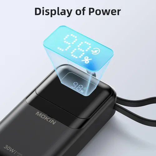 Vista 7 de MOKiN Cargador Portátil, 10000mAh 30W Power Bank Carga Rápida, Paquete de Batería para Teléfono con Cable Incorporado, 4 Salidas, Powerbank Compacto
