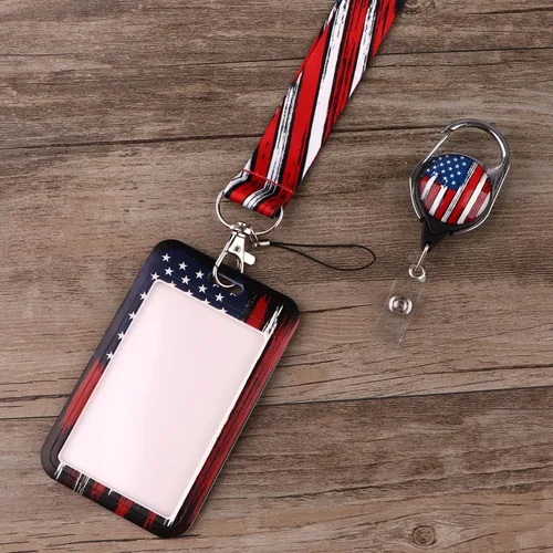 Vista 5 de Cordón con Llavero para Hombre con Insignias de Identificación con Clip de Carrete Retráctil Soporte para Insignias Llavero con Bandera Americana