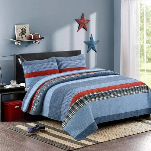Vista 7 de Cozy Line Home Fashions Juego de ropa de cama acolchado reversible de 100% algodón con rayas azul marino y rojas, estrella patriótica para niño