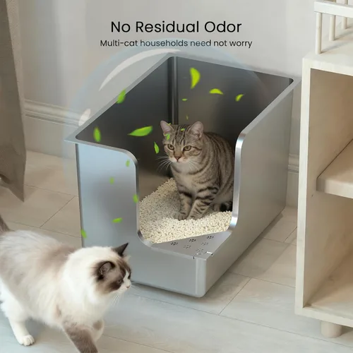 Vista 4 de Caja de arena de acero inoxidable de 11.8 pulgadas de alto, caja de arena de metal XL para gatos, inodoro para mascotas con apertura de esquina