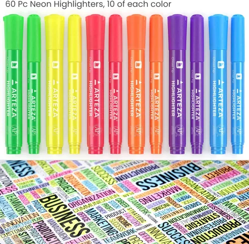 Vista 2 de ARTEZA Resaltadores de colores surtidos, juego de 60, bolígrafos de punta de cincel ancha y estrecha