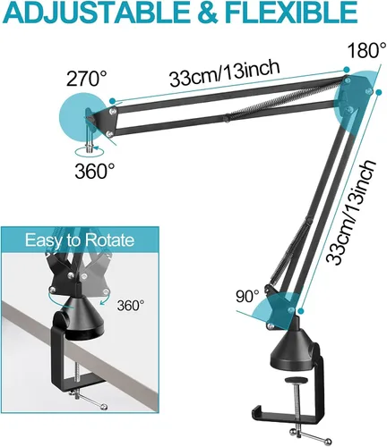 Vista 6 de Brazo de brazo, brazo de micrófono ajustable con 2 clips y filtro pop, escritorio con soporte de micrófono con adaptador de 3/8 a 5/8 pulgadas