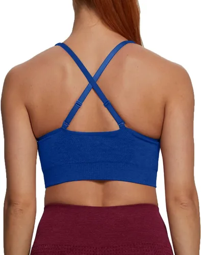 Vista 4 de Aoxjox Sujetador deportivo de entrenamiento para mujer, sin costuras, 3.0 V, con cuello en V, acolchado, para yoga, ombliguera