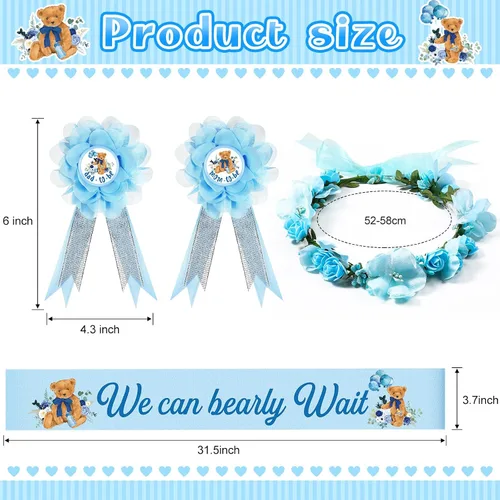 Vista 2 de Capoda Tema de oso We Can Bearly Wait Baby Shower Decoraciones Mom to Be Sash Dad to Be Pin y diadema de corona de flores para baby shower, banda