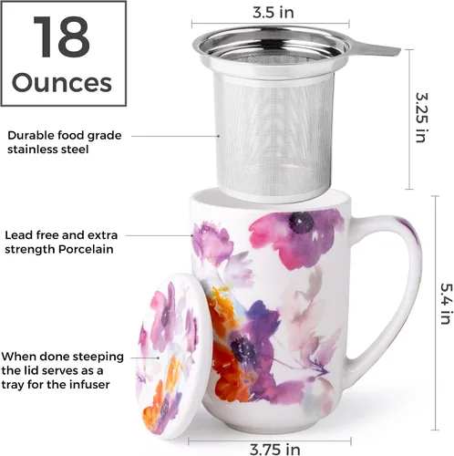 Vista 3 de AmorArc Taza de Té de Porcelana con Infusor y Tapas, Taza Grande de 18 Oz con Colador y Soporte para Bolsa para Té de Hojas Sueltas, Taza de Café