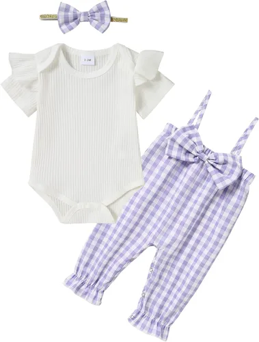 Vista 8 de SOLOYEE Baby Girl Clothes Girls Outfit Short Sleeve Top+Suspender Pants+Bow Headband Baby Girl Clothing