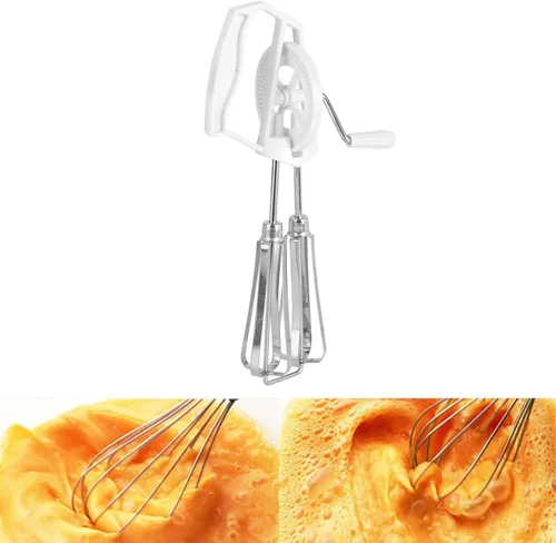 Vista 4 de Batidora de mano manual, manivela de alta eficiencia de rotación automática de acero inoxidable para cocinar (blanco)