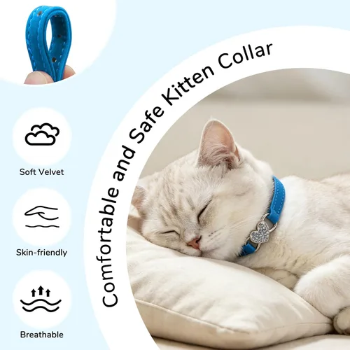 Vista 2 de Collar ajustable de suave terciopelo para gato con encanto de corazón de cristal y campanillas, de Bingpet (BA3009), Adjustable, Azul Azul (corazón)