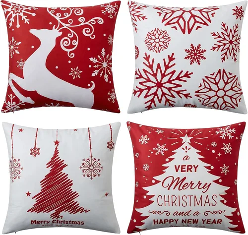 Vista 8 de Juego de 4 fundas de almohada de Navidad de 18 x 18 pulgadas, fundas de almohada de Navidad azul marino, copos de nieve, fundas de almohada de Feliz