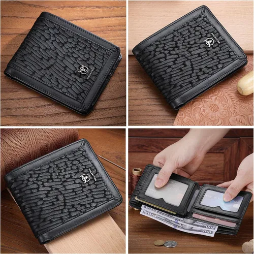 Vista 70 de LUKZIJAES Billetera de cuero genuino para hombre, con bloqueo RFID, delgada, plegable, bolsillo frontal, #3-Café, Vintage