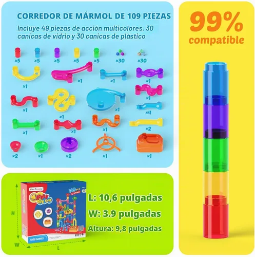 Vista 2 de MaxTronic Kit de carrera de canicas para niños, kit de laberinto de mármol mejorado de 0.630 in, canicas de 109 piezas, bloques de construcción