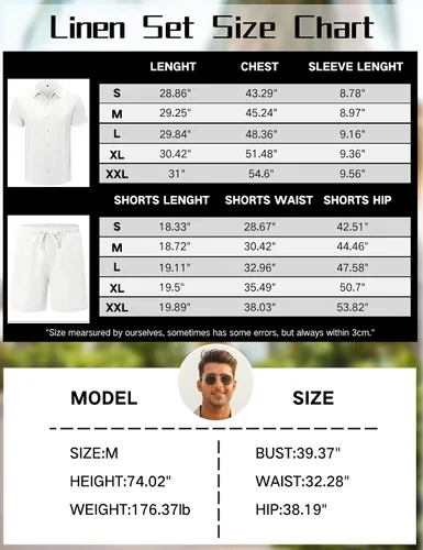 Vista 6 de LecGee Conjunto corto casual de verano para hombre, camisa cubana de lino de manga corta, pantalones cortos con cordón en la cintura, trajes