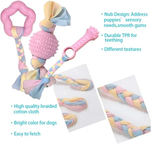 Vista 4 de Volacopets Juguetes interactivos para cachorros para dentición de perros pequeños, juguete masticable de goma suave, conejito rosa, raza pequeña