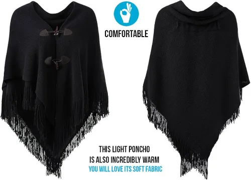 Vista 3 de Ferand Poncho de ajuste holgado para mujer con botones de cuerno elegantes, cuello en V y dobladillo en V