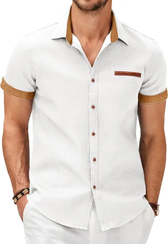 Vista 23 de COOFANDY Camisas casuales de manga corta de algodón con botones para hombre Verde militar