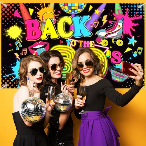 Vista 5 de Breling Cartel de fondo de Back to the 80's Retro Neon 80s que brilla en la oscuridad, decoraciones de fiesta colgantes de hip hop, decoración