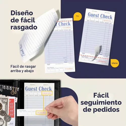 Vista 4 de FMP Brands Libros de cheques de invitados para servidores, papel de bloc de notas de servidor, total de 500 hojas (10 blocs), azul con recibo