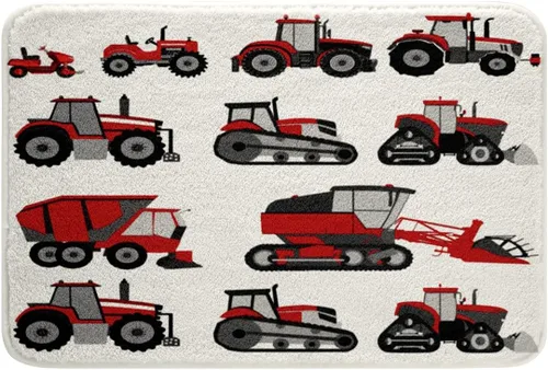 Vista 4 de Alfombra roja de tractor para baño, equipo pesado, antideslizante, absorbente de agua, para niños, cosechadora, tina, ducha, forro polar, alfombra